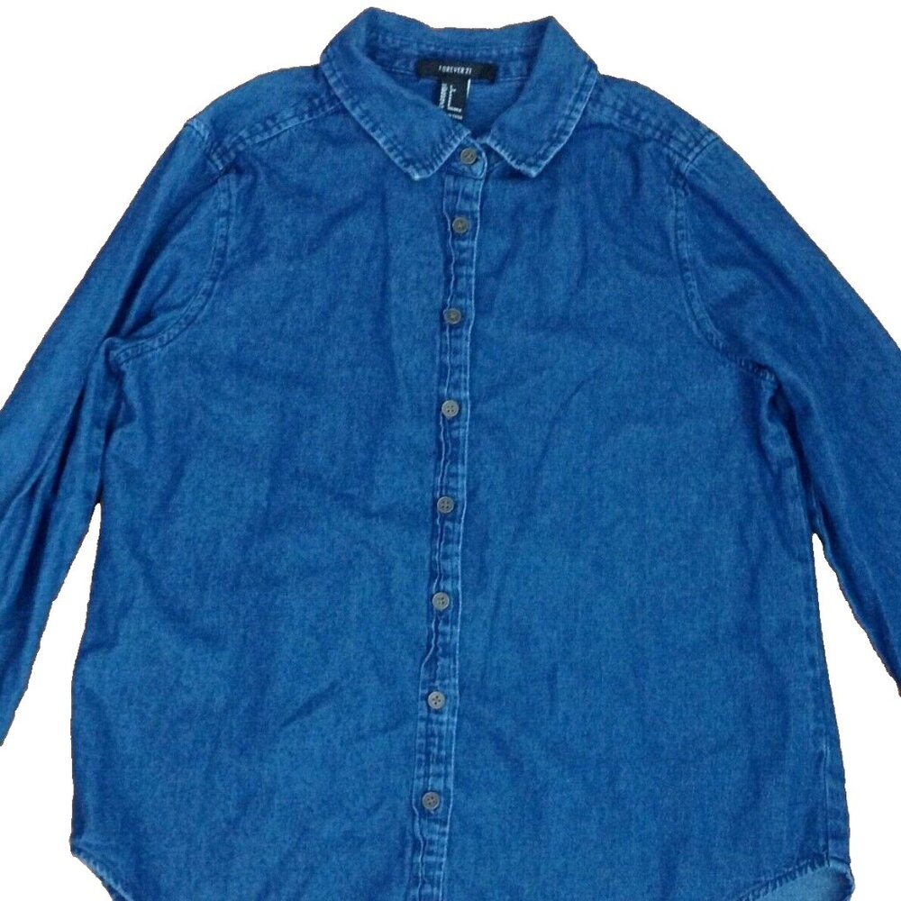 BLUE CHAMBRAY DENIM LONG SLEEVE BUTTON UP SHIRT WOMENS S 37"x25.5" FOREVER 21
